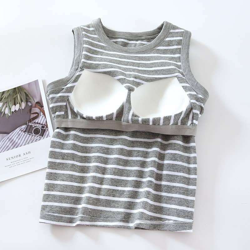 Basic Cotton Stripe Tank Top w/Self Bra
