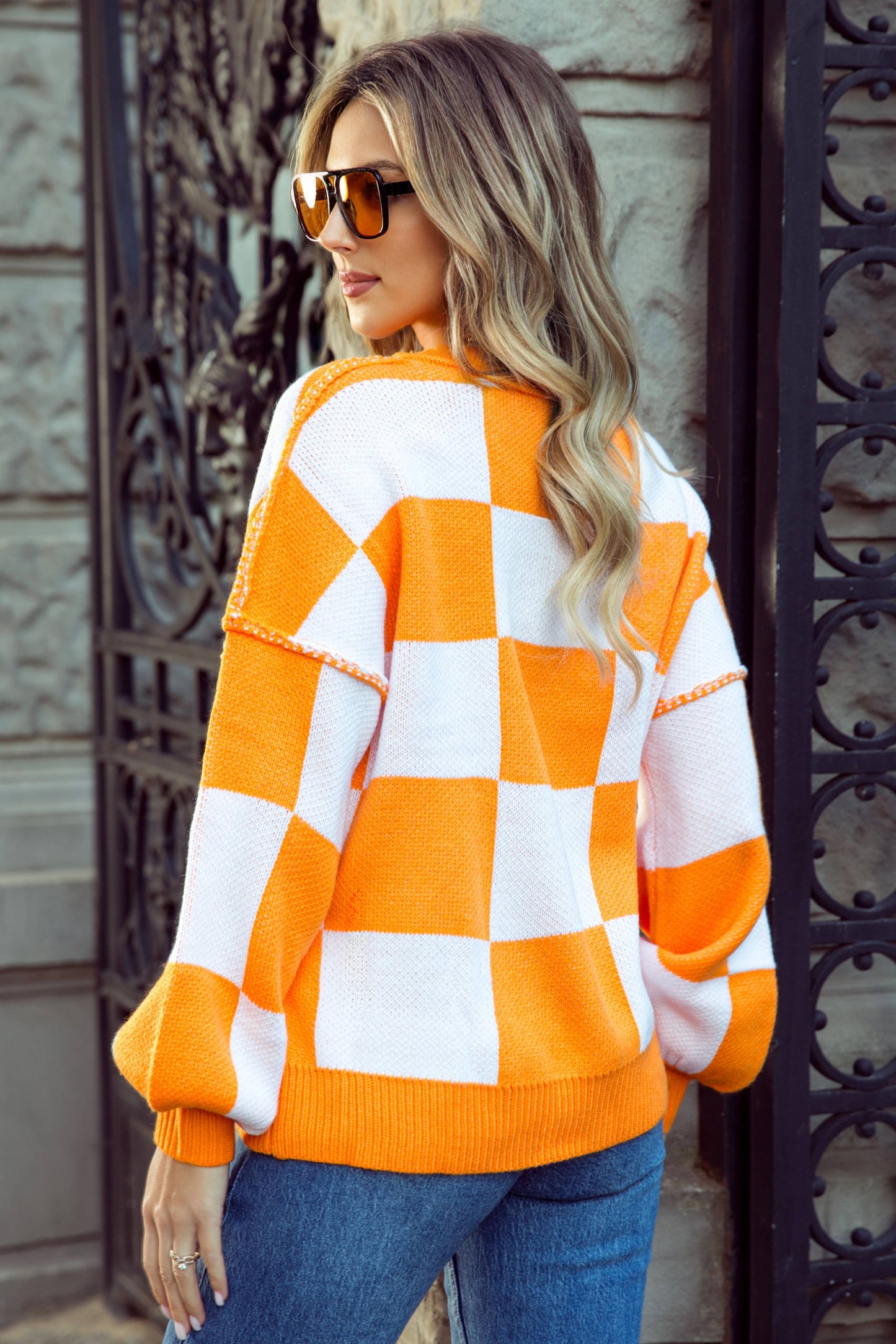 Checkered Bishop Sleeve Sweater | 9 Colors
