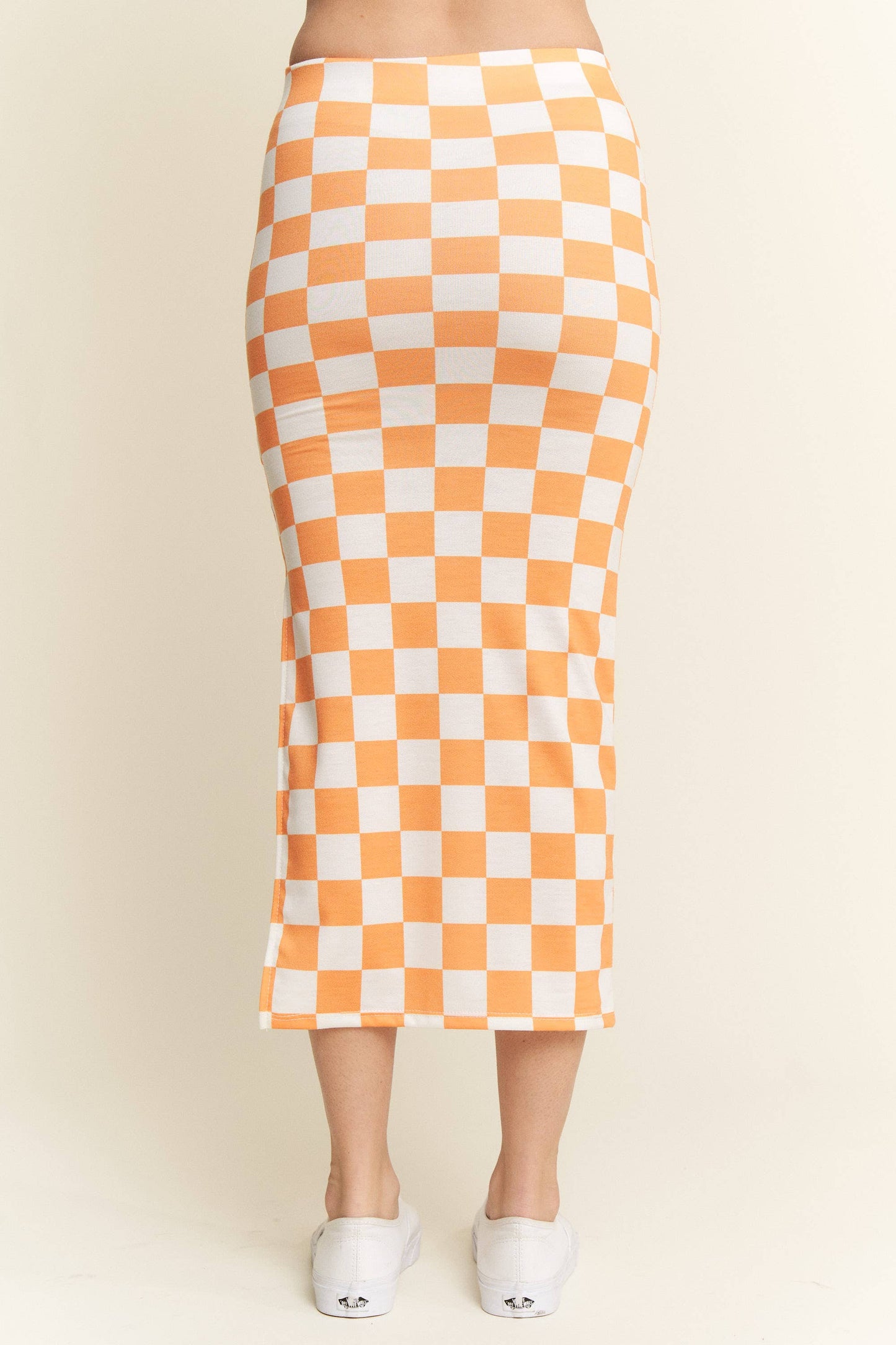 HI-WAIST CHECKERED MIDI PENCIL SKIRT w/ SIDE SLIT