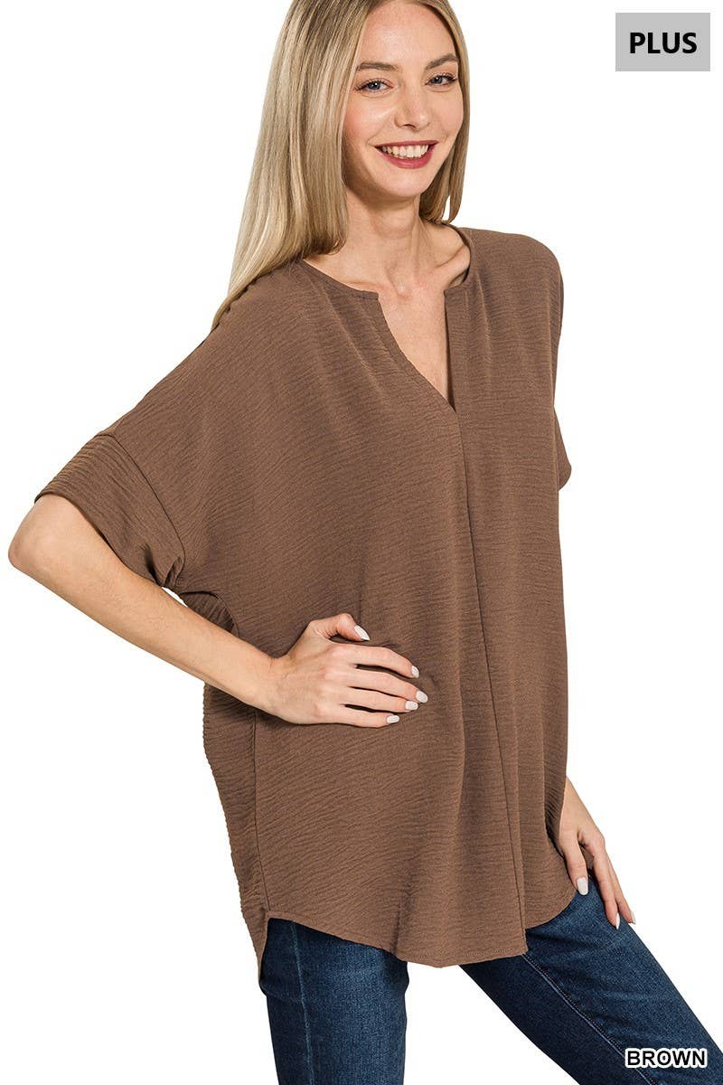 Woven Airflow Split Neck Short Sleeve Top