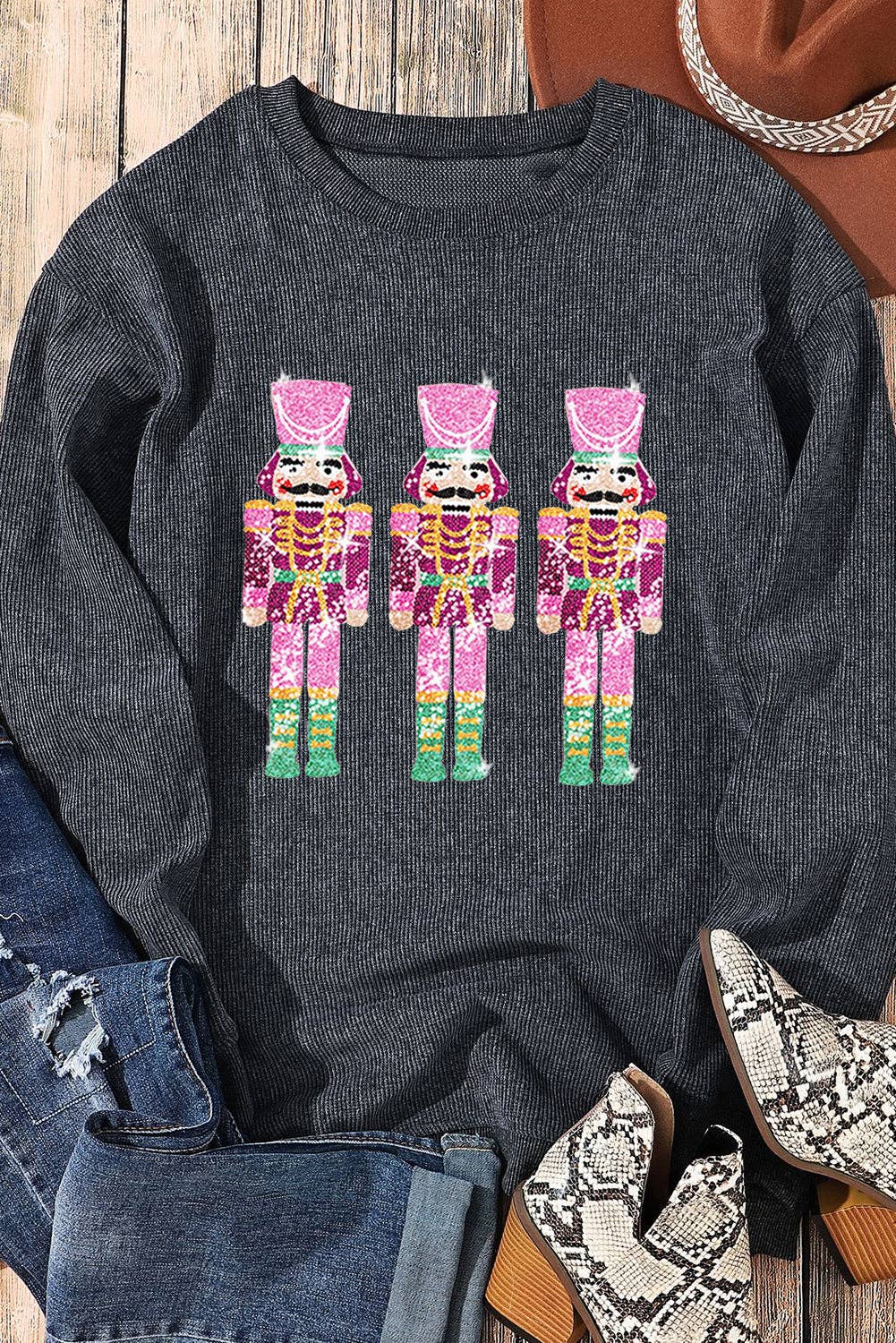 Black Sequin Nutcracker Christmas Corded Oversized Sweatshirt