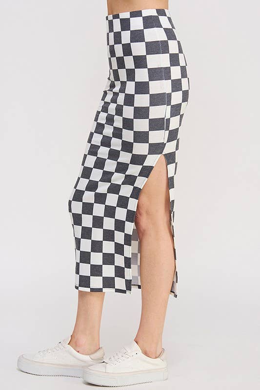 HI-WAIST CHECKERED MIDI PENCIL SKIRT w/ SIDE SLIT
