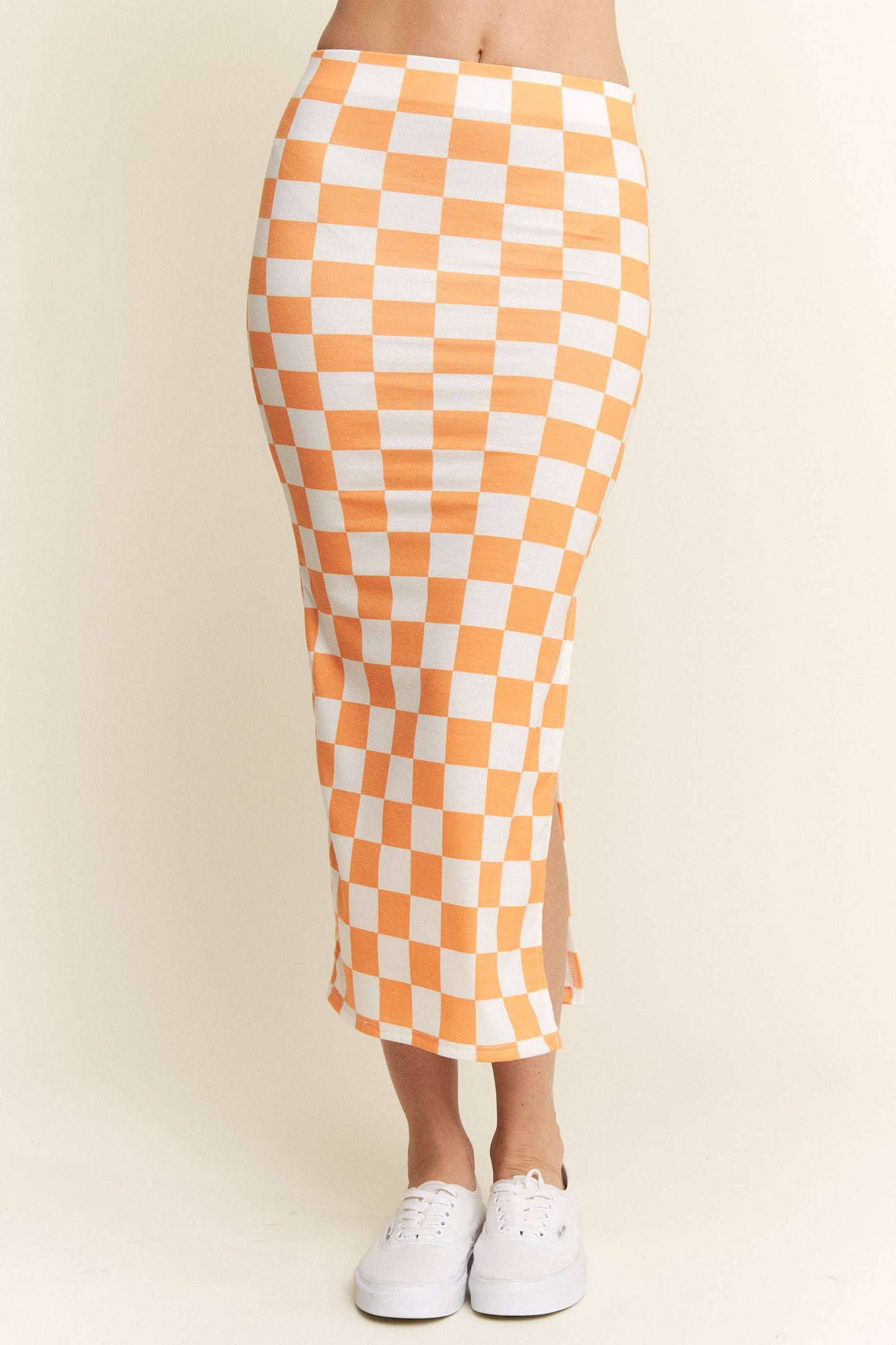 HI-WAIST CHECKERED MIDI PENCIL SKIRT w/ SIDE SLIT