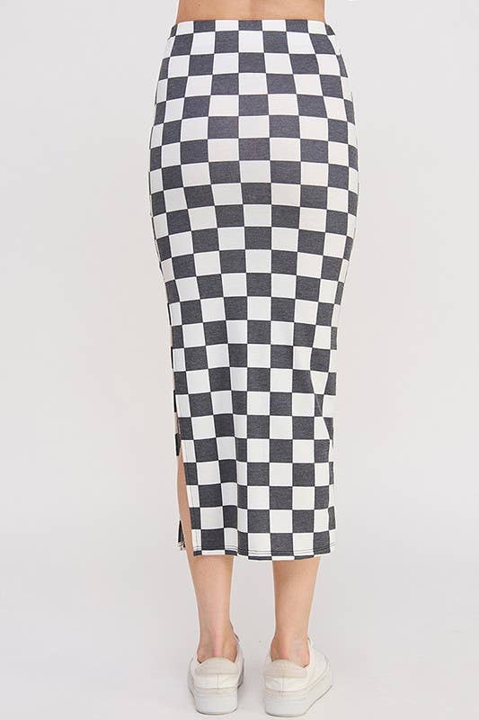 HI-WAIST CHECKERED MIDI PENCIL SKIRT w/ SIDE SLIT