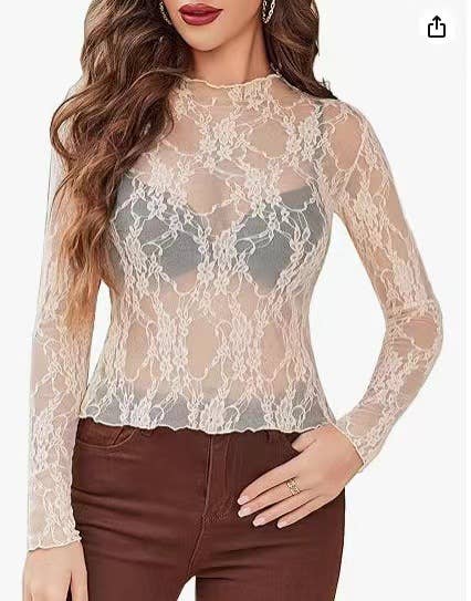 Long-Sleeve Sheer Lace Floral Mesh Top