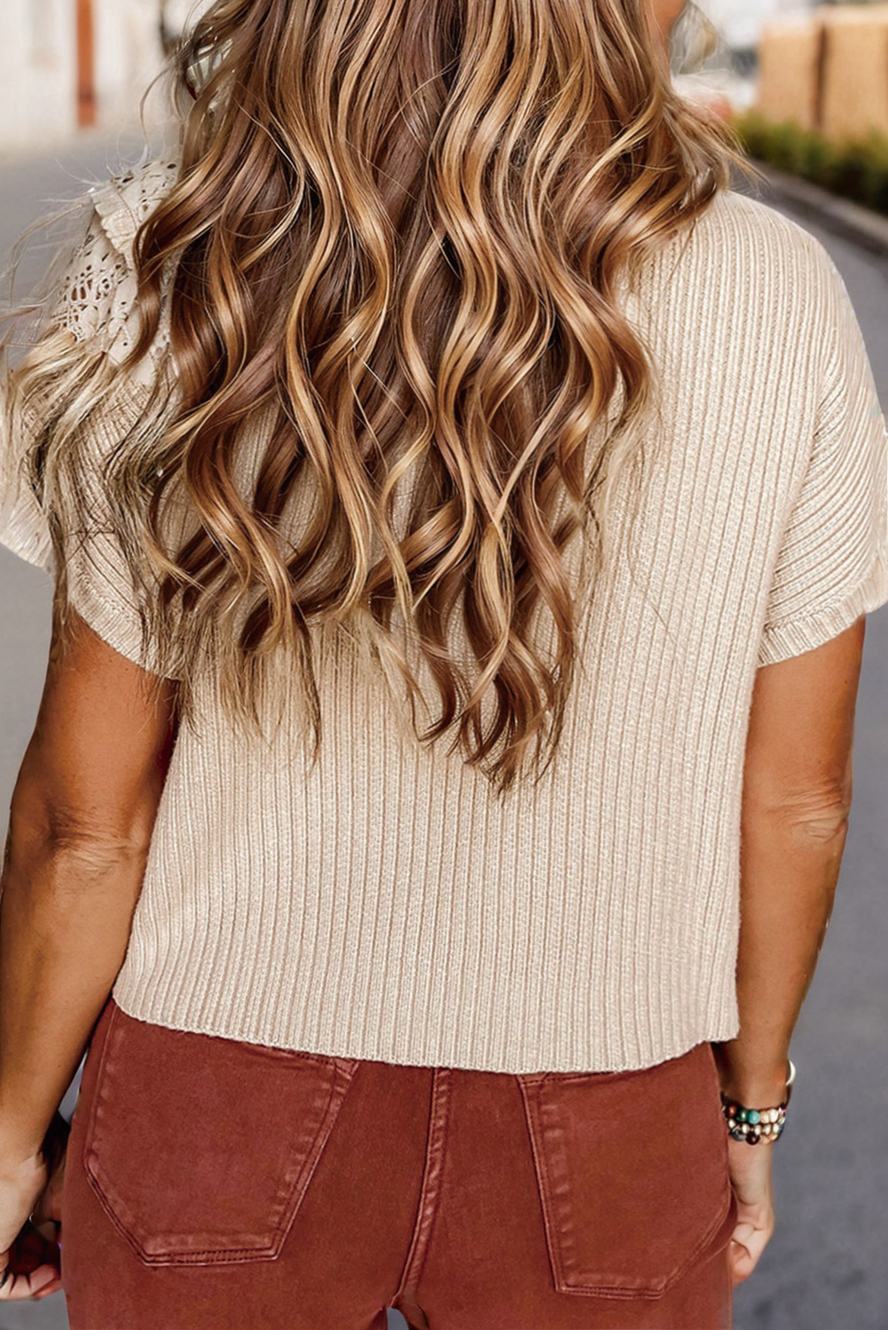 Patch Pocket Ribbed Knit Short Sleeve Sweater