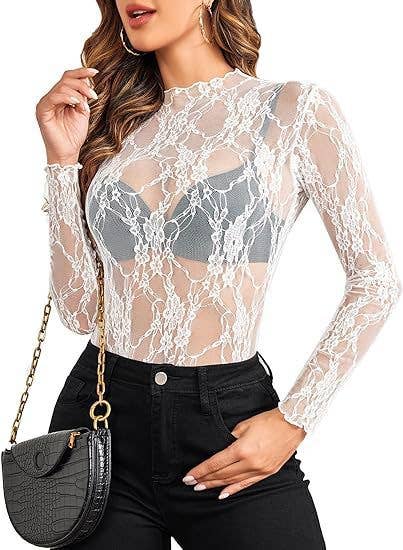 Long-Sleeve Sheer Lace Floral Mesh Top