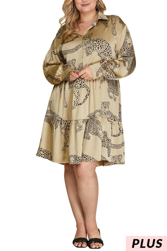 Plus LS Woven Cheetah Print Collared Tiered Dress