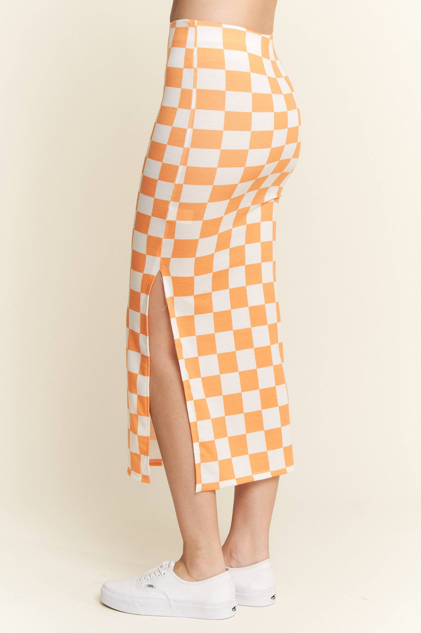 HI-WAIST CHECKERED MIDI PENCIL SKIRT w/ SIDE SLIT
