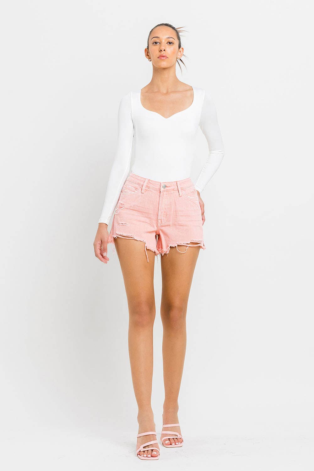 HIGH RISE SLIDE SLIT FRAYED HEM SHORTS