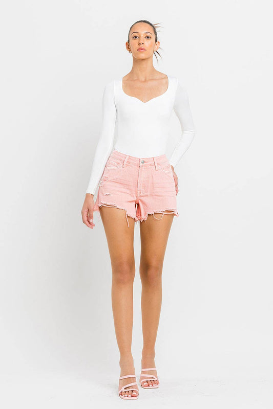 HIGH RISE SLIDE SLIT FRAYED HEM SHORTS