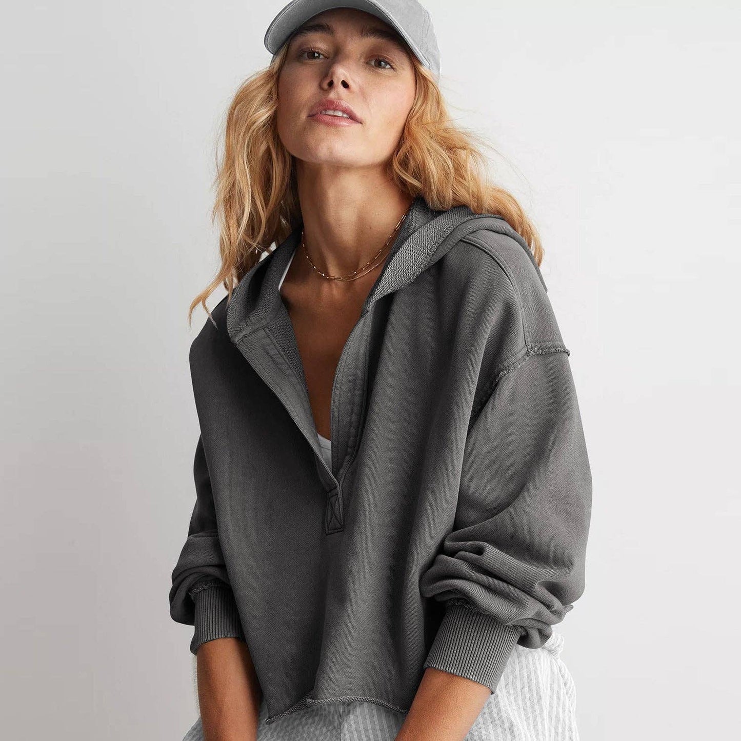 V-Neck Hooded Pullover Sweater Loose Fit Long Sleeve Top