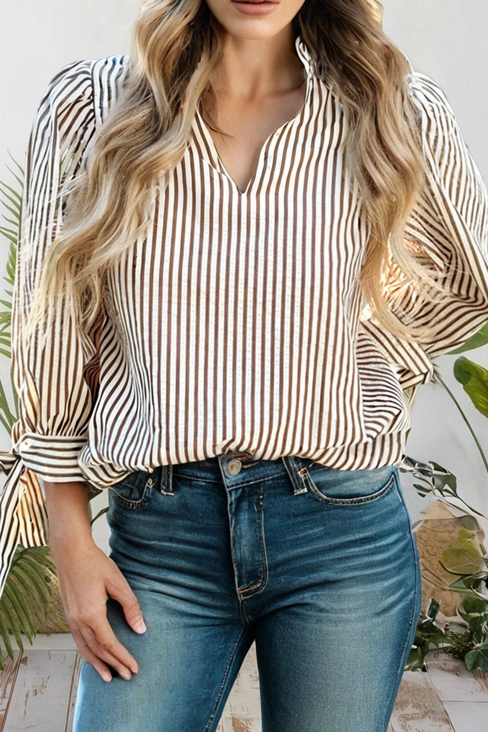 Striped Frill V Neck Knot Cuffed Sleeve Top