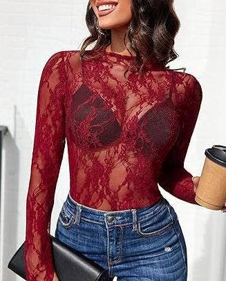 Long-Sleeve Sheer Lace Floral Mesh Top