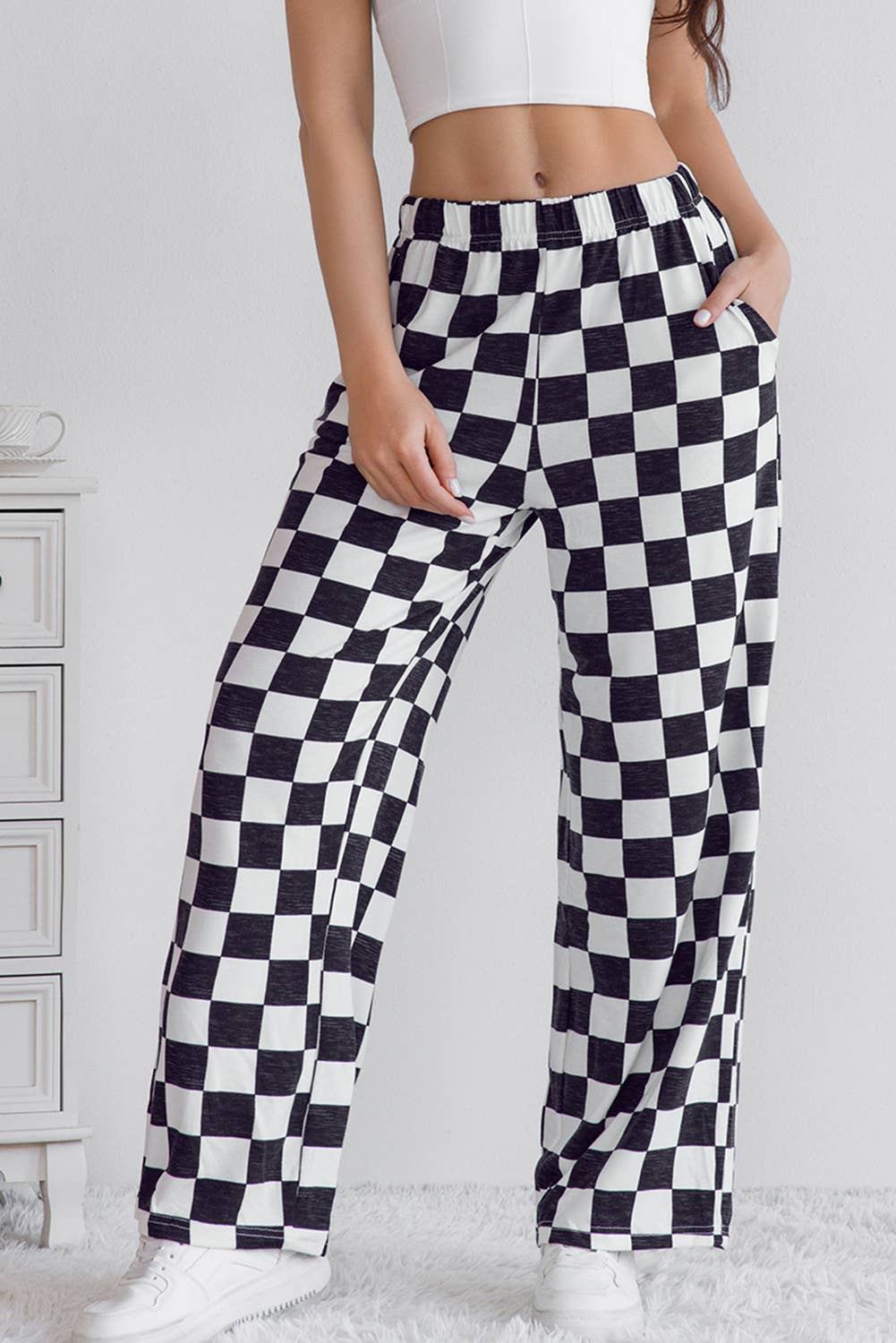 Checkered Print High Waist Pant