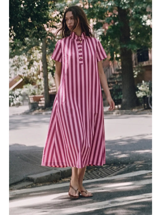 Stand High Neck Stripe Midi Dress - Plum