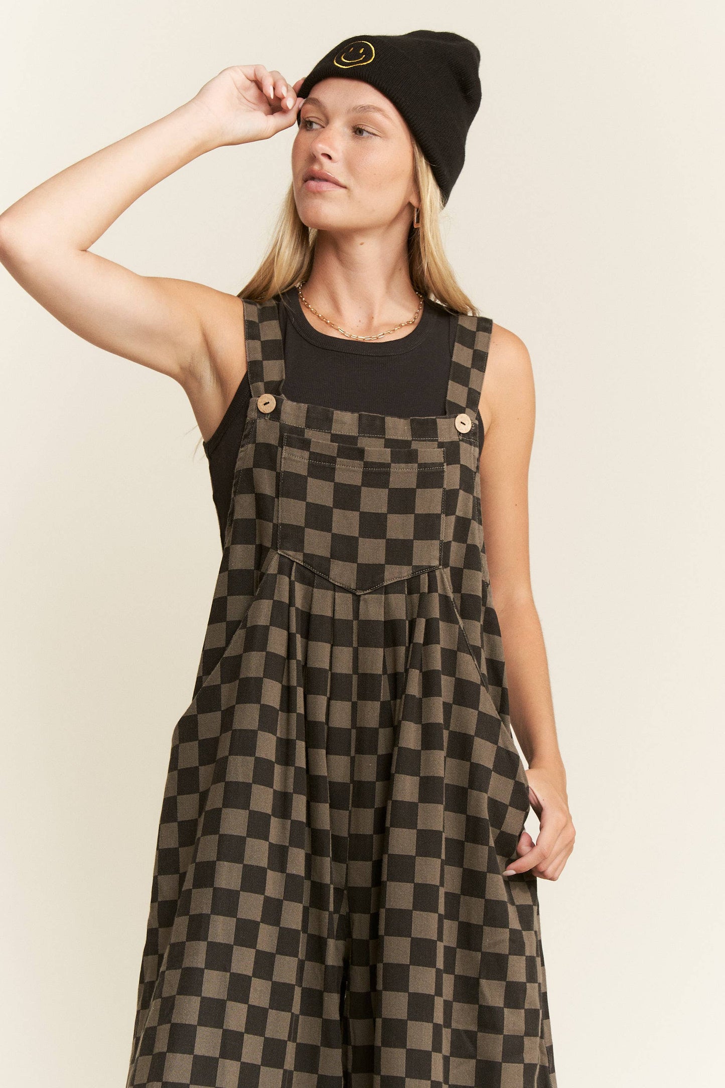 PLUS SIZE CHECKERED WIDE LEG OVERALLS