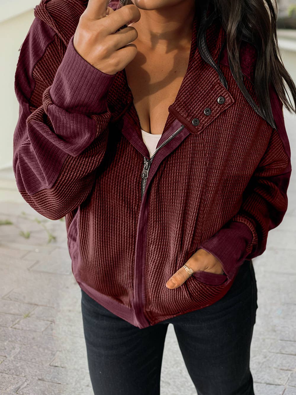 Waffle Splicing Zip Up Front Button Hooded Jacket