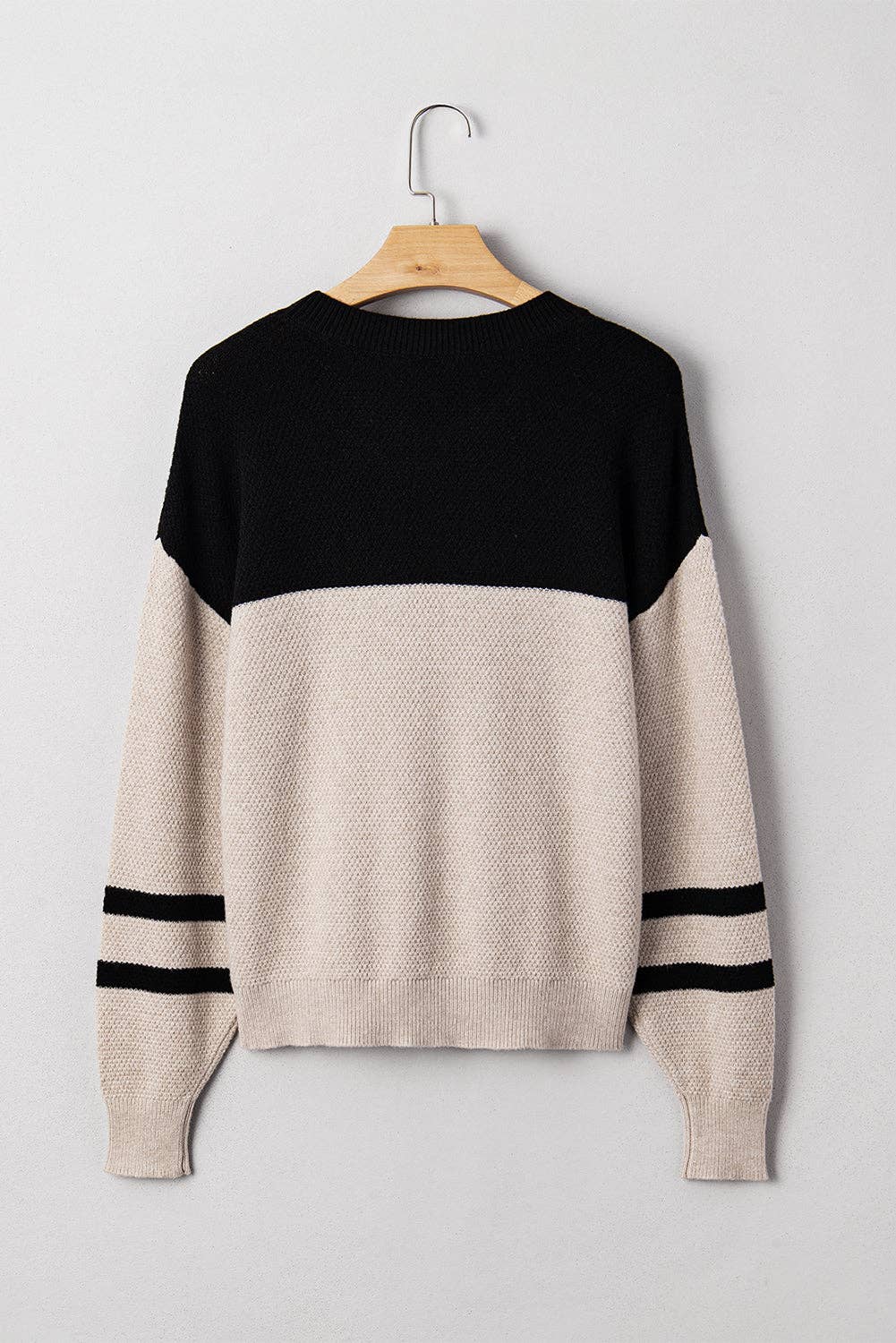Parchment Color Block Knit Striped Sleeve Detail Casual Sweater