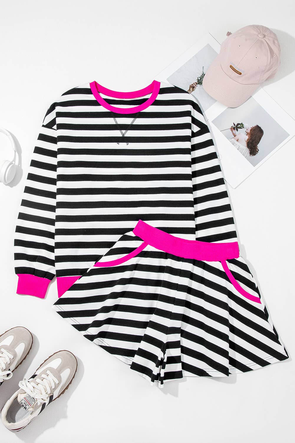 Stripe Color Block Edge Pullover/Shorts Set