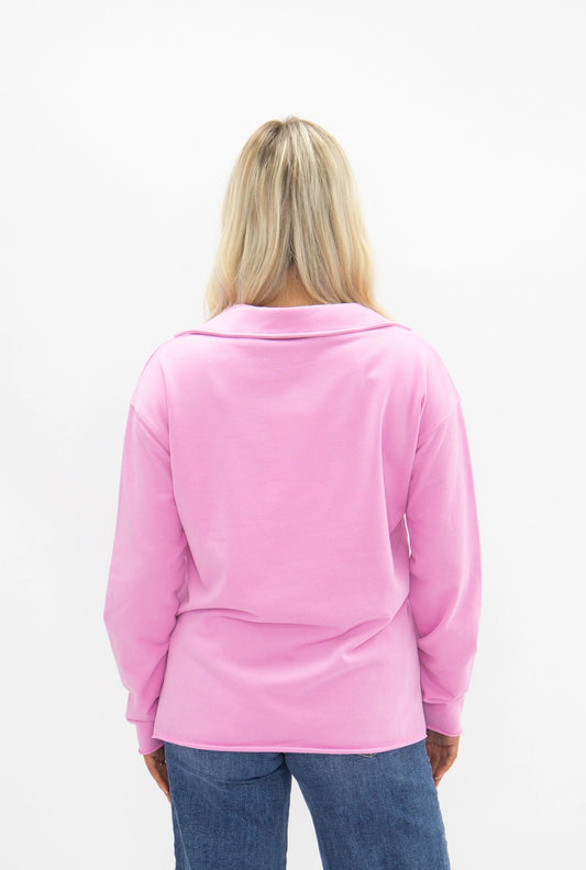 Pink V-Neck Collared Pullover