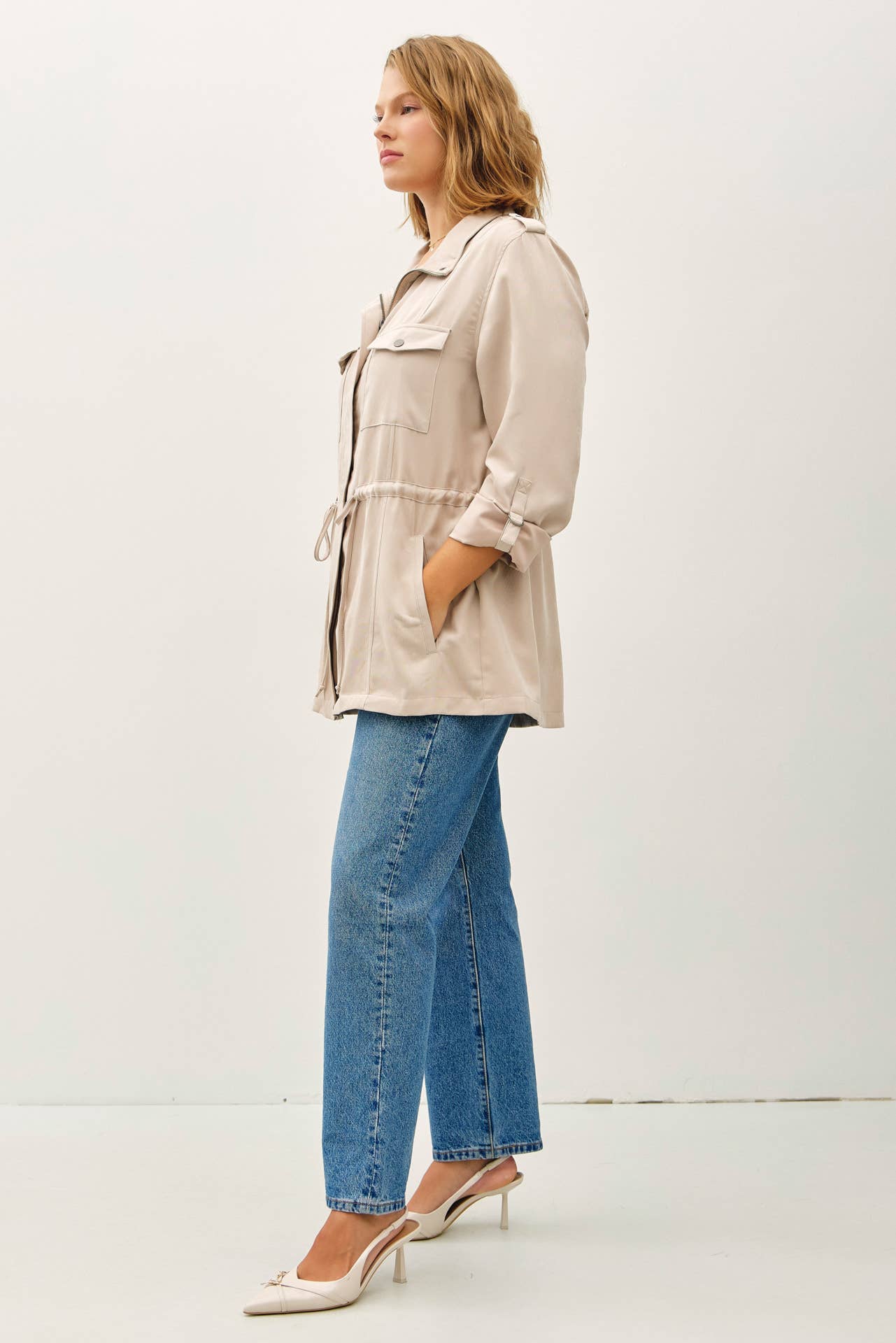 PLUS SIZE CINCHED WAIST CARGO UTILITY JACKET