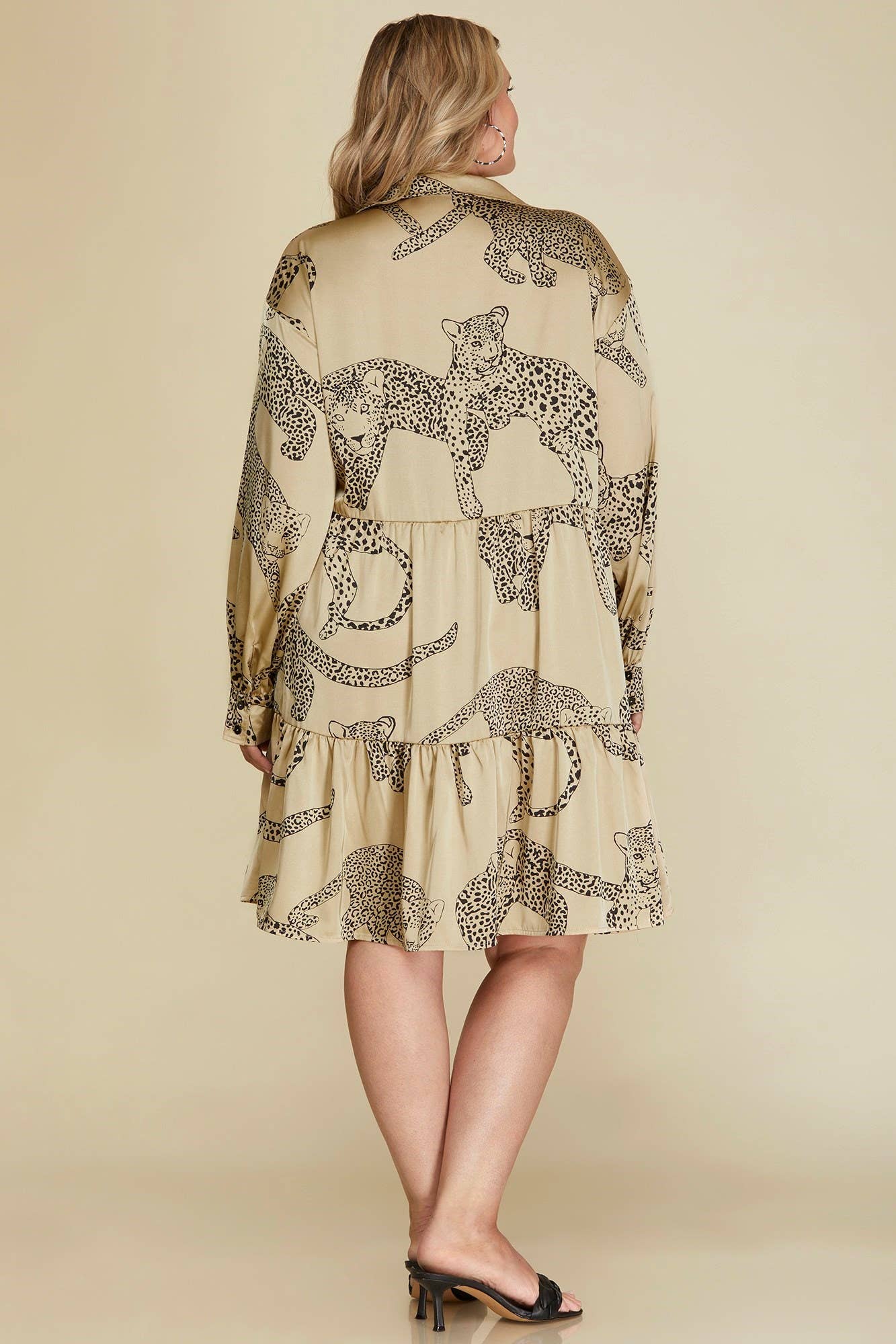 Plus LS Woven Cheetah Print Collared Tiered Dress