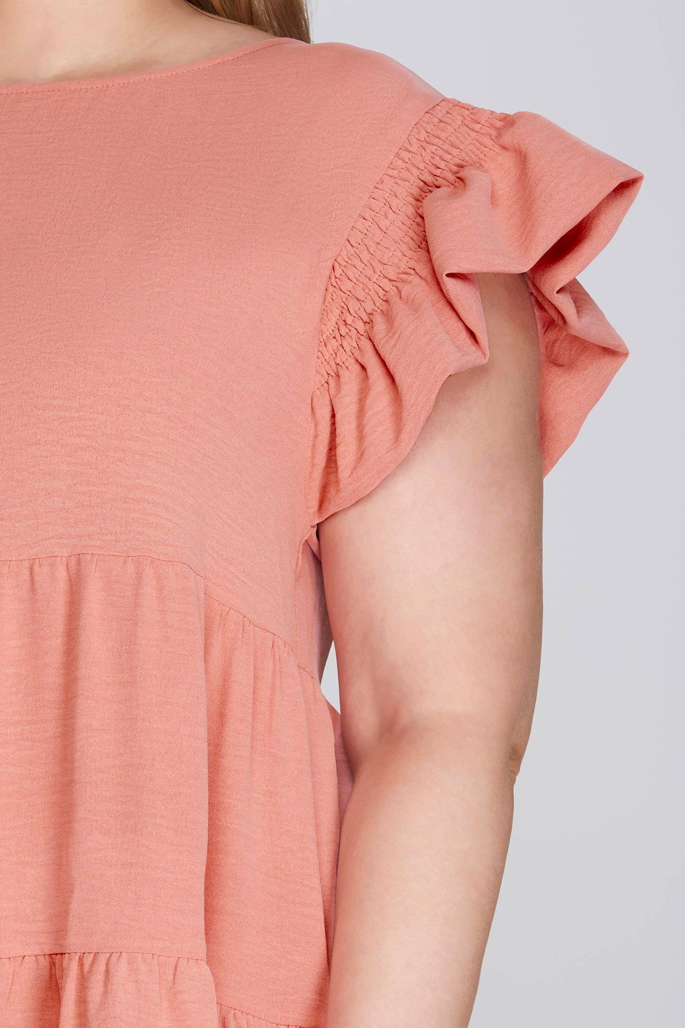 Plus Ruffled Smocked Sleeve Tiered Woven Dress - Peach Rose