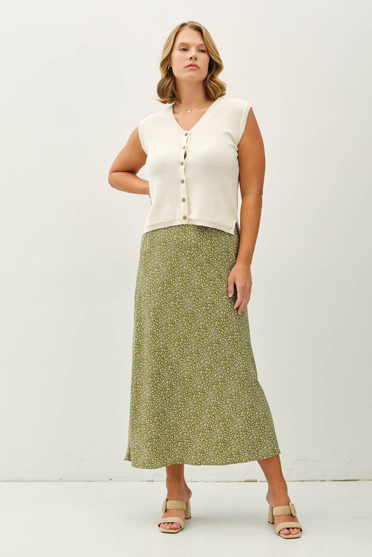 PLUS FLORAL PRINT MIDI SKIRT W/ ELASTIC WAISTBAND