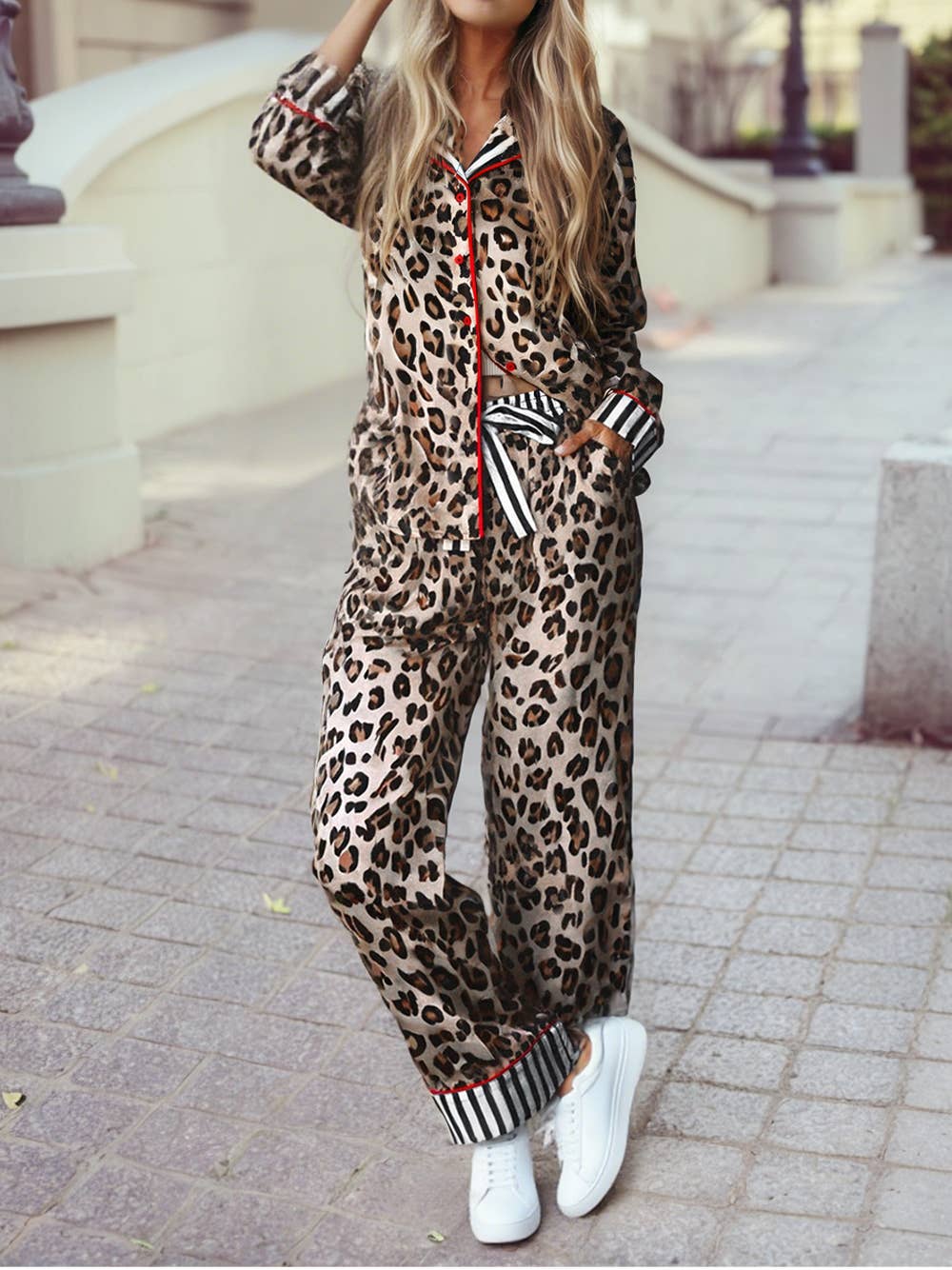 Leopard Colorblock Striped Edge Pajama Set