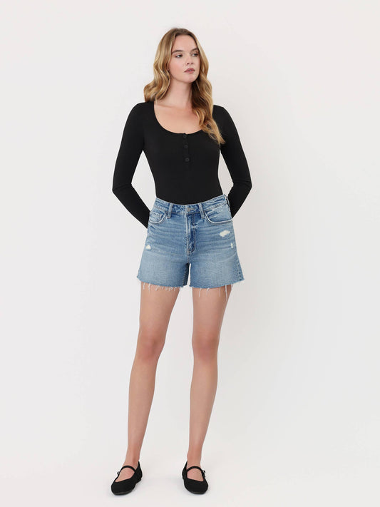 SUPER HIGH RISE A LINE DENIM SHORTS