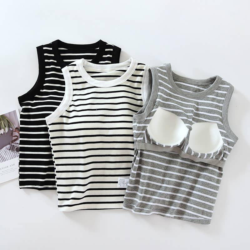 Basic Cotton Stripe Tank Top w/Self Bra