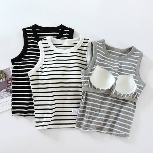 Basic Cotton Stripe Tank Top w/Self Bra
