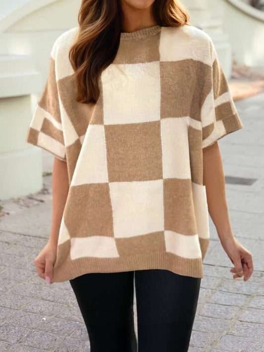 Checkered Pattern Loose Drop Shoulder Short Sleeve Sweater