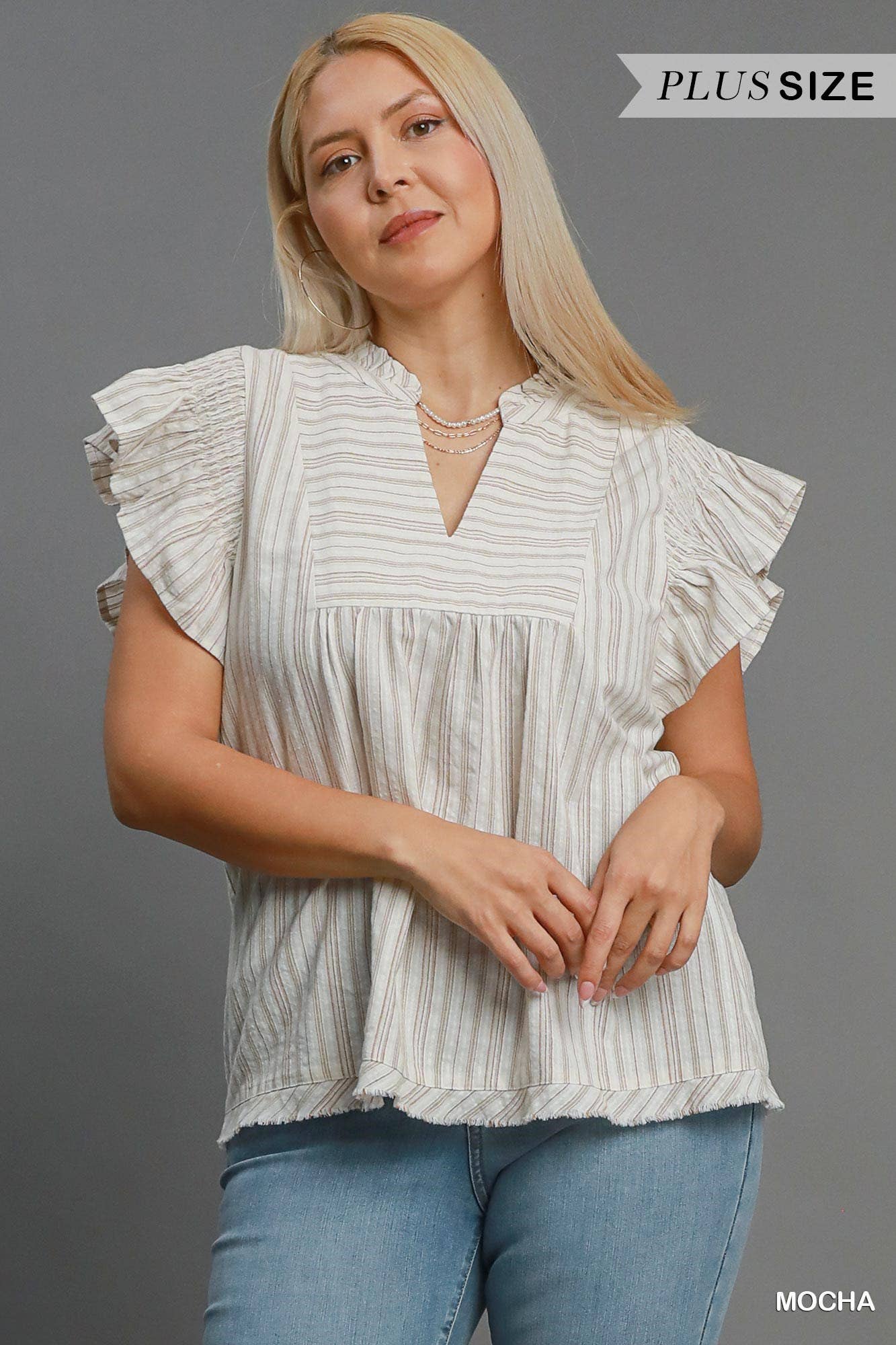 Plus Striped Babydoll Top - Mocha