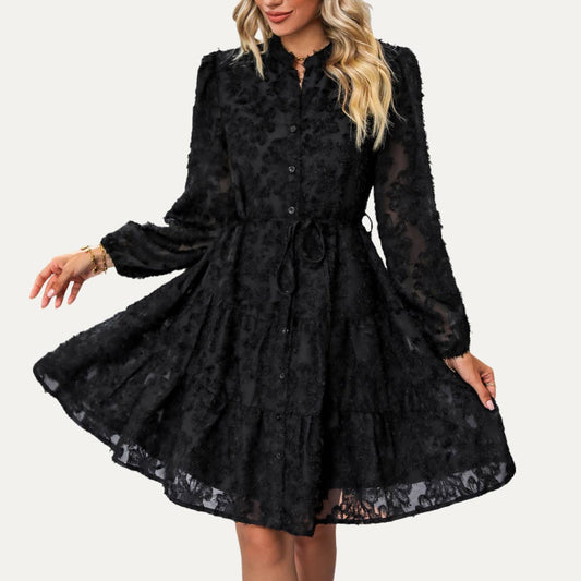 Black Fringe Jacquard Button-Up Tiered Mini Dress