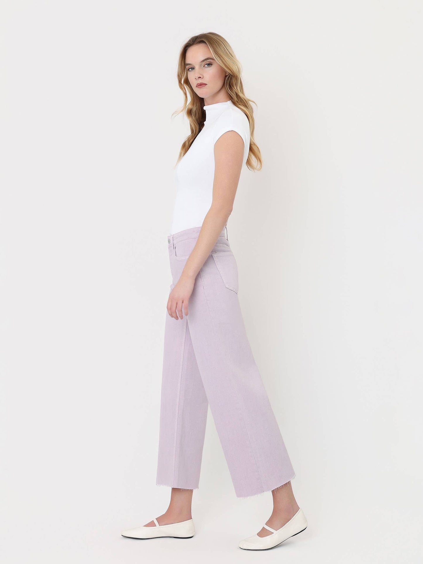 HIGH RISE LAVENDER COLOR CROP WIDE LEG JEANS