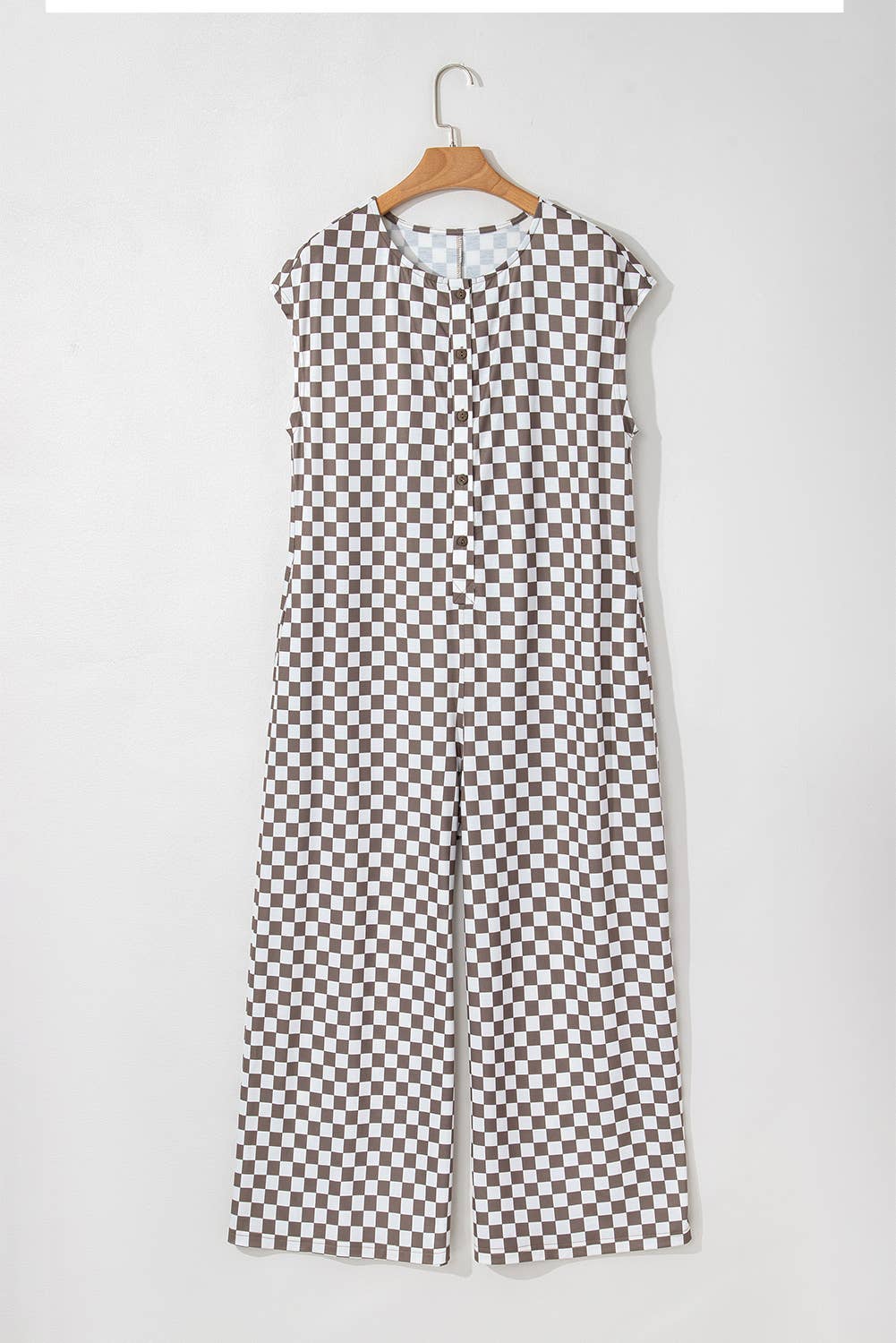 Checkered Print Buttoned Crewneck Wide Leg Jumpsuit