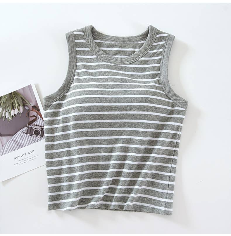 Basic Cotton Stripe Tank Top w/Self Bra