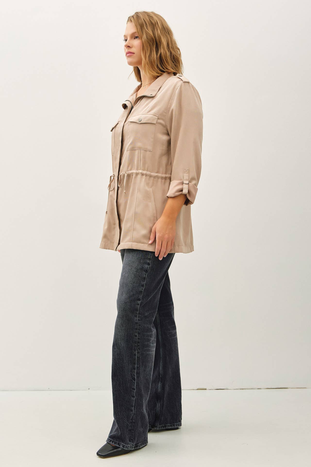 PLUS SIZE CINCHED WAIST CARGO UTILITY JACKET