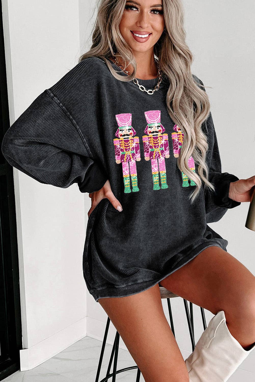 Black Sequin Nutcracker Christmas Corded Oversized Sweatshirt