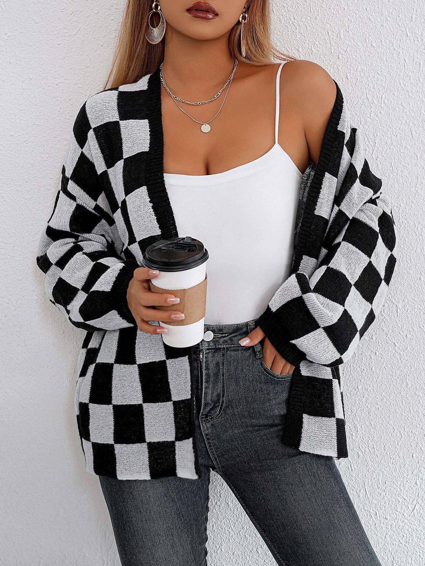 Checkered Open Cardigan Sweater