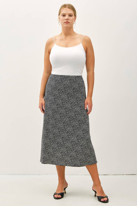 PLUS FLORAL PRINT MIDI SKIRT W/ ELASTIC WAISTBAND