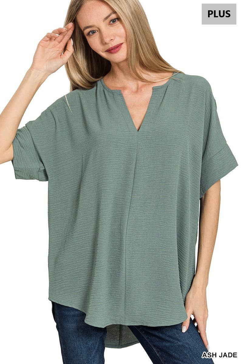 Woven Airflow Split Neck Short Sleeve Top