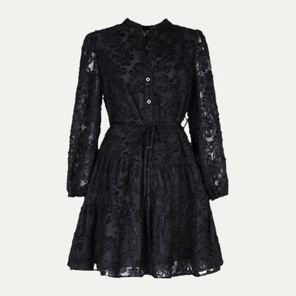 Black Fringe Jacquard Button-Up Tiered Mini Dress