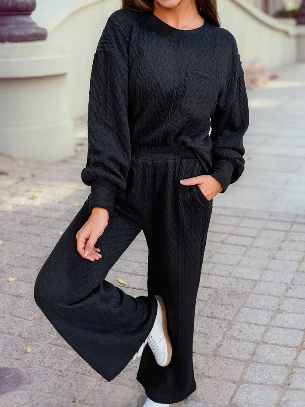 Textured Chest Pocket Long Sleeve Top 2Pcs Pants Set