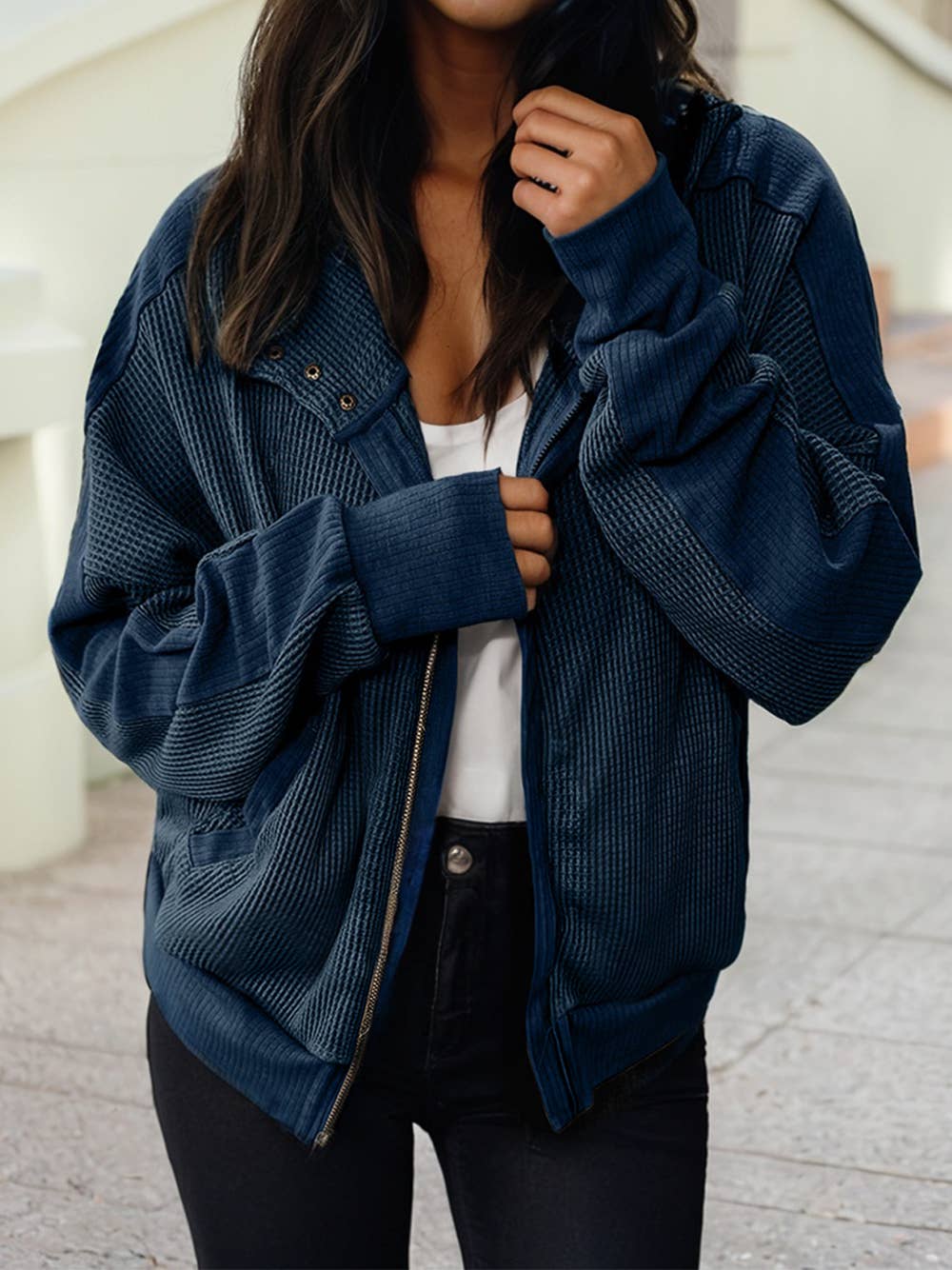 Waffle Splicing Zip Up Front Button Hooded Jacket