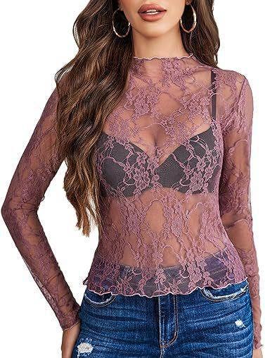 Long-Sleeve Sheer Lace Floral Mesh Top