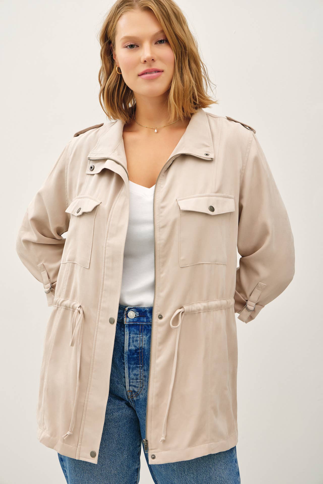 PLUS SIZE CINCHED WAIST CARGO UTILITY JACKET