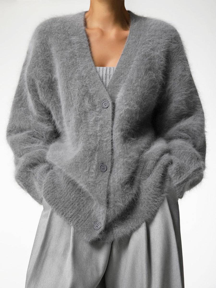 Cozy Faux Mink Knit Cardigan Loose Fit Soft Sweater